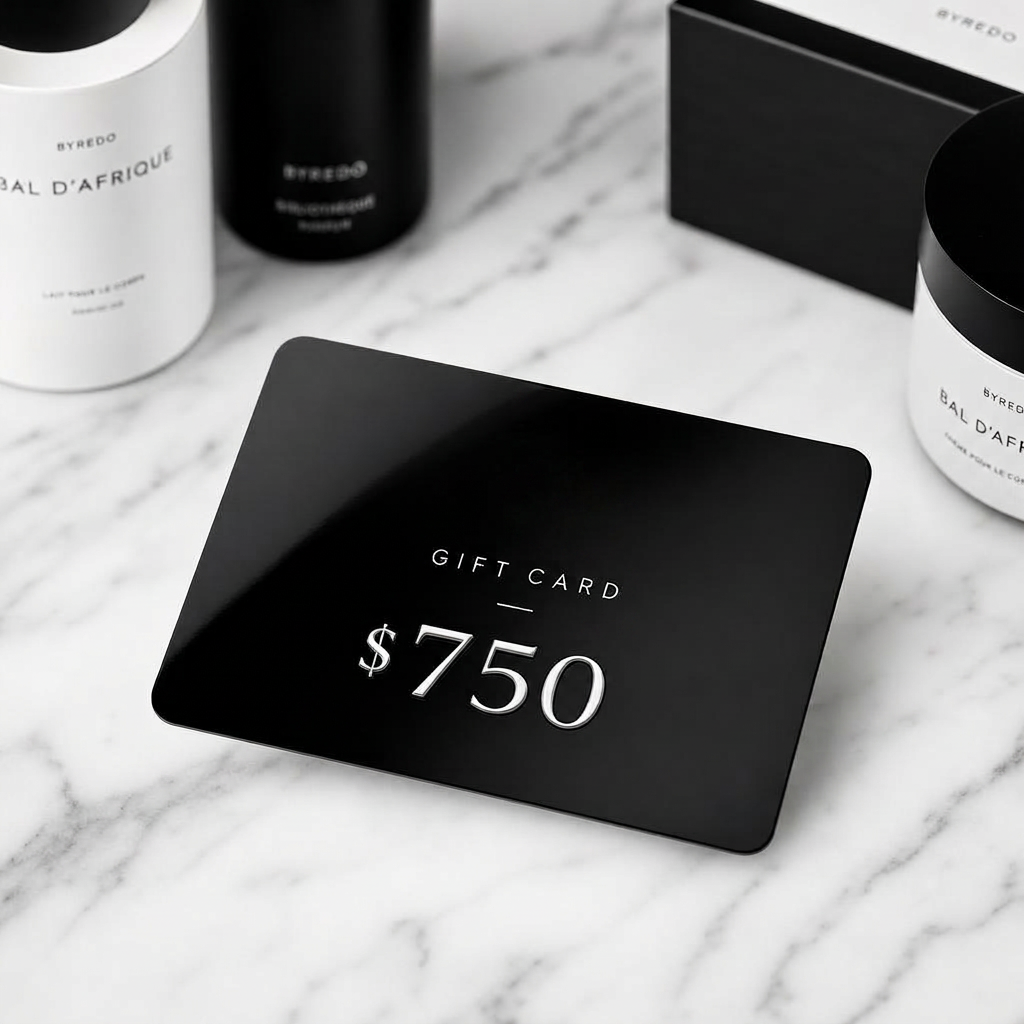 Black and white $750 gift card resting on marble beside beauty products